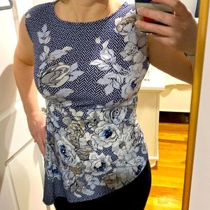 White House Black Market - Blue Chevron and Floral Tapered Blouse - Size XXS